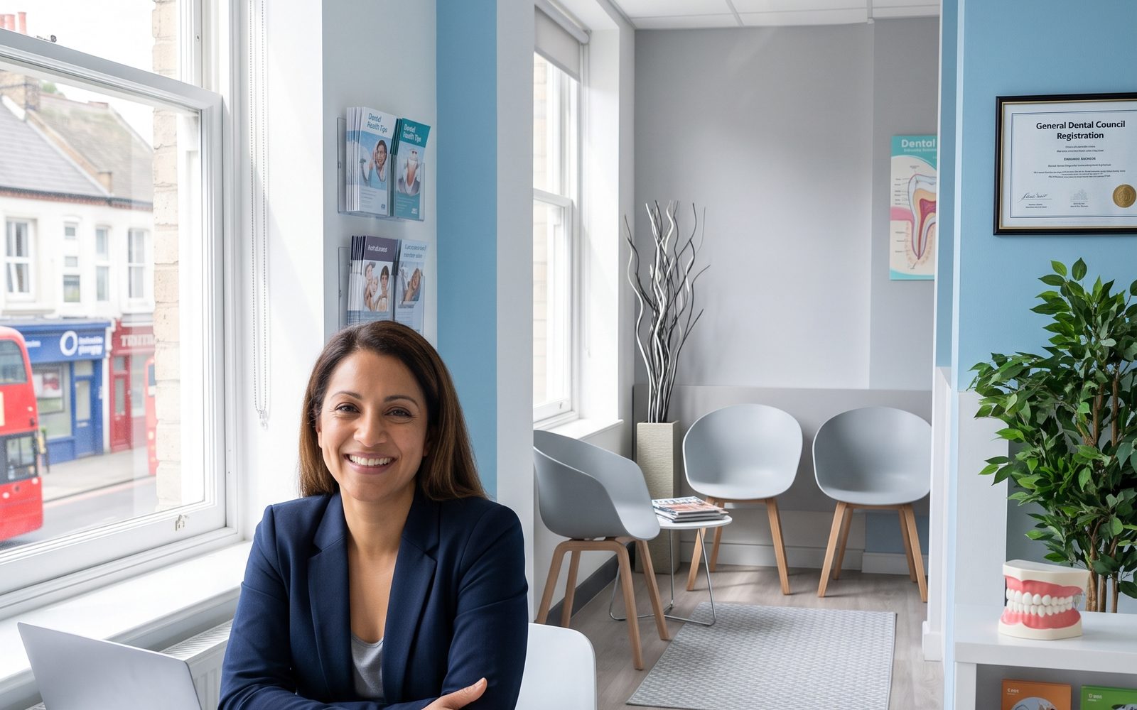 A woman in a blazer works at a laptop in a bright practice waiting room.