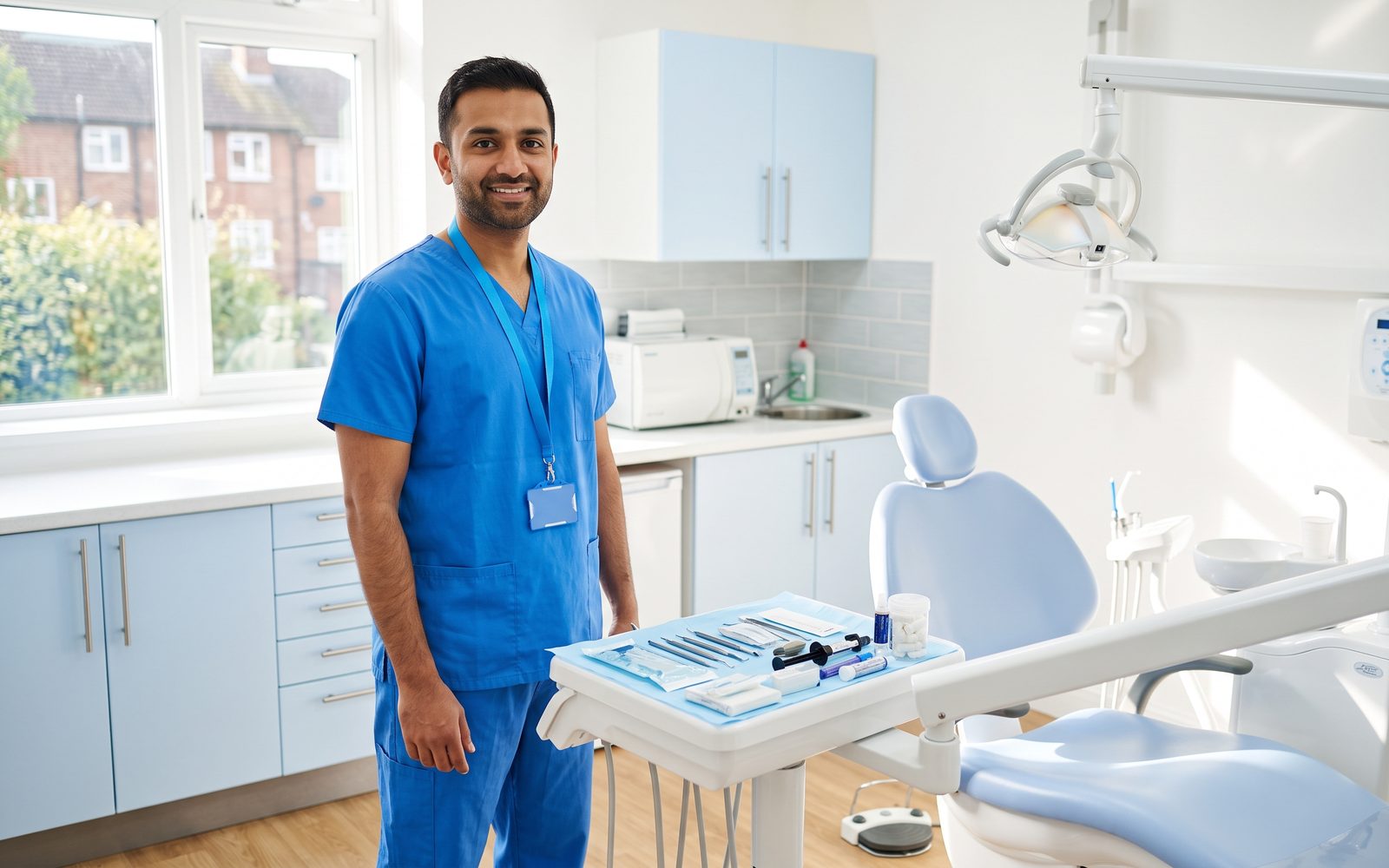 A dentist in blue scrubs stands beside the dental chair in a treatment room.