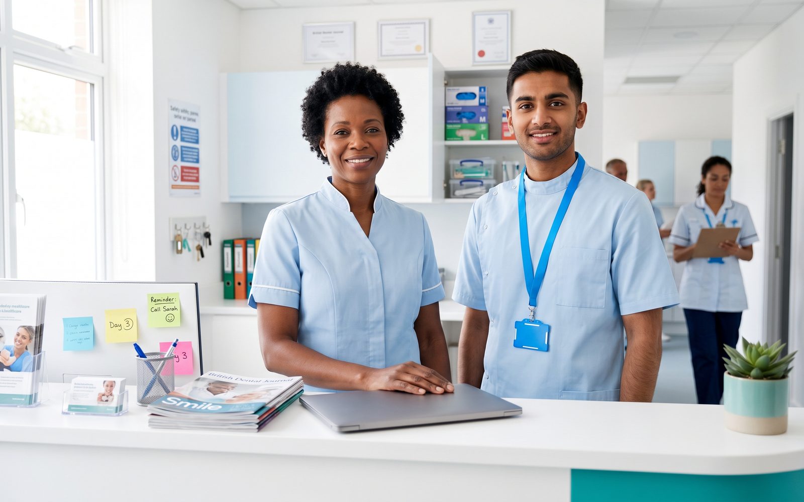 Two members of a practice team smile at the reception desk.
