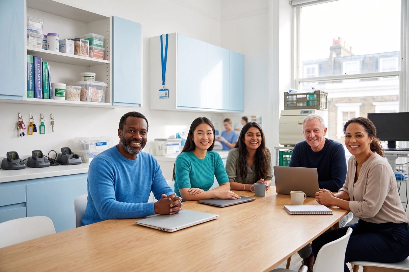 A practice team meets around a table in a bright staff room.